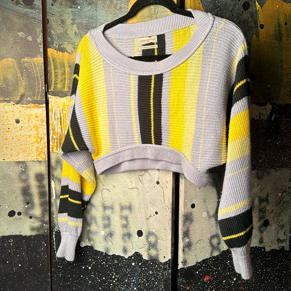 Urban Outfitters Gray and Yellow Striped Cropped Sweater